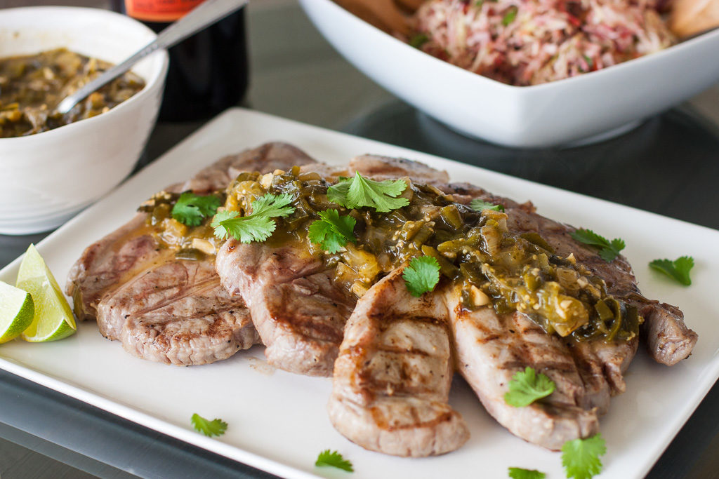 Grilled pork chops with tomatillo relish