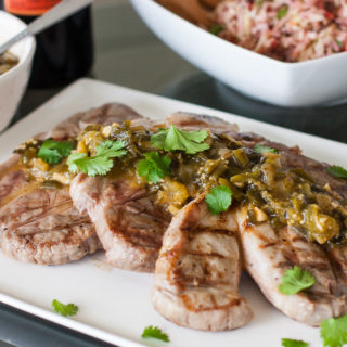 Grilled pork chops with tomatillo relish